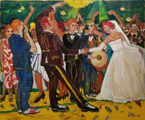 RESUL AYTEMÜR — “Düğün” "Düğün" eseri RESUL AYTEMÜR tarafından 116x140 cm ölçülerinde Tuval üzeri yağlı boya tekniği ile yapılmıştır.