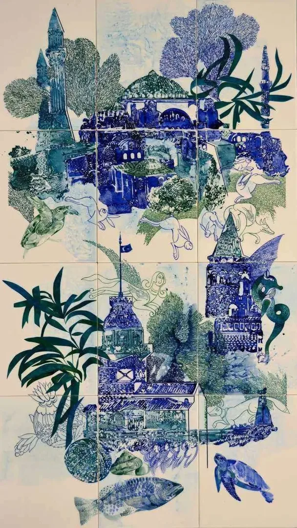 yakınlaştır "İsimsiz" eseri SEMİH KAPLAN tarafından 2018 yılında 132x75 cm ölçülerinde Çini duvar panosu tekniği ile yapılmıştır.