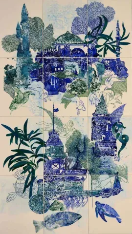 Bu eser SEMİH KAPLAN tarafından 2018 yılında 132x75 cm ölçülerinde Çini duvar panosu tekniği ile yapılmıştır.