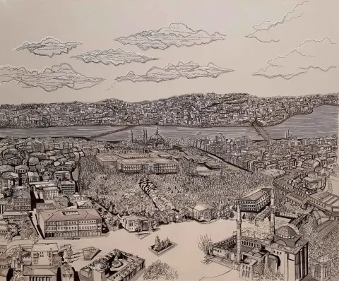 SÜMEYYE YUŞAN — “İstanbul”, 2018 "İstanbul" eseri SÜMEYYE YUŞAN tarafından 2018 yılında 100x120 cm ölçülerinde Tuval üzeri karışık teknik tekniği ile yapılmıştır.