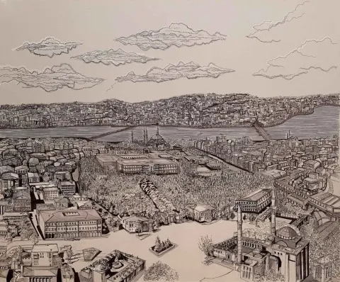"İstanbul" eseri SÜMEYYE YUŞAN tarafından 2018 yılında 100x120 cm ölçülerinde Tuval üzeri karışık teknik tekniği ile yapılmıştır.