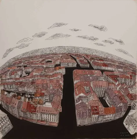 Bu eser SÜMEYYE YUŞAN tarafından 2017 yılında 70x70 cm ölçülerinde Tuval üzeri karışık teknik tekniği ile yapılmıştır.