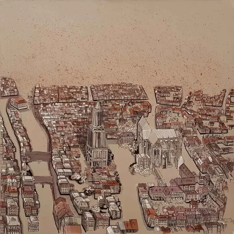 Bu eser SÜMEYYE YUŞAN tarafından 2017 yılında 70x70 cm ölçülerinde Tuval üzeri karışık teknik tekniği ile yapılmıştır.
