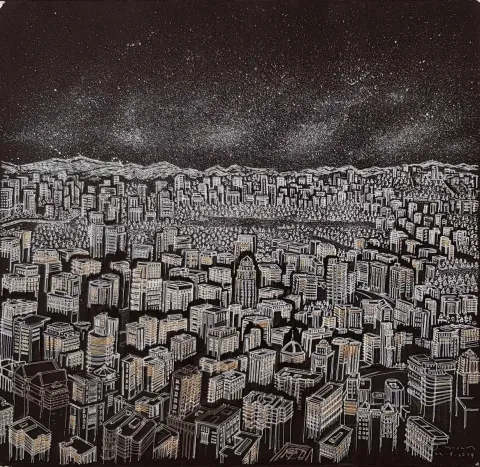 Bu eser SÜMEYYE YUŞAN tarafından 2017 yılında 70x70 cm ölçülerinde Tuval üzeri karışık teknik tekniği ile yapılmıştır.