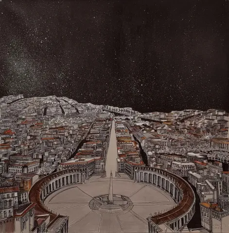 Bu eser SÜMEYYE YUŞAN tarafından 2017 yılında 70x70 cm ölçülerinde Tuval üzeri karışık teknik tekniği ile yapılmıştır.