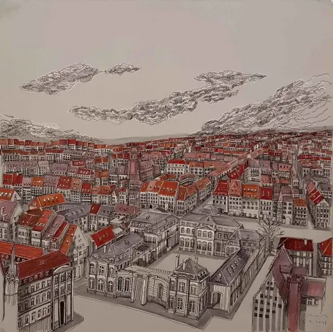 Bu eser SÜMEYYE YUŞAN tarafından 2017 yılında 70x70 cm ölçülerinde Tuval üzeri karışık teknik tekniği ile yapılmıştır.