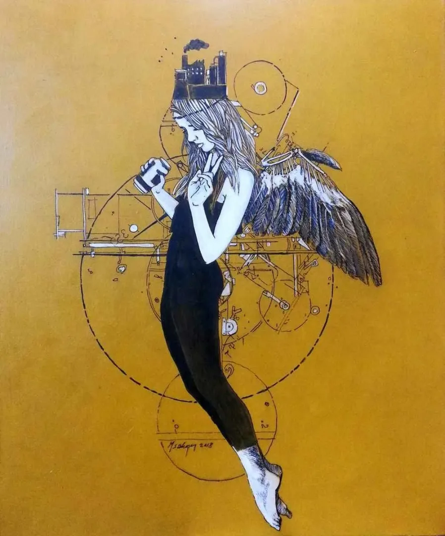 yakınlaştır "Kelebeğin rüyası-sarı" eseri MEHMET SAKIZCI tarafından 2018 yılında 60x50 cm ölçülerinde Tuval üzeri akrilik boya tekniği ile yapılmıştır.