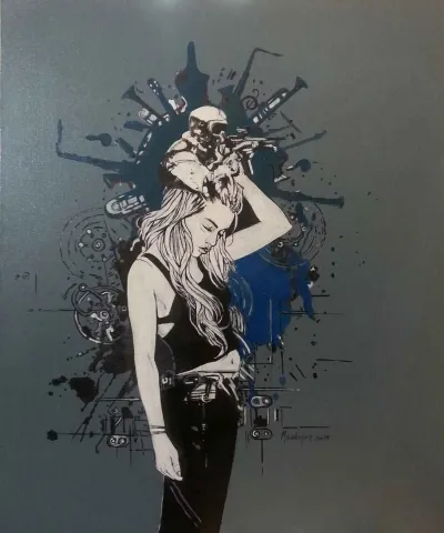 "Başım" eseri MEHMET SAKIZCI tarafından 2018 yılında 60x50 cm ölçülerinde Tuval üzeri akrilik boya tekniği ile yapılmıştır.