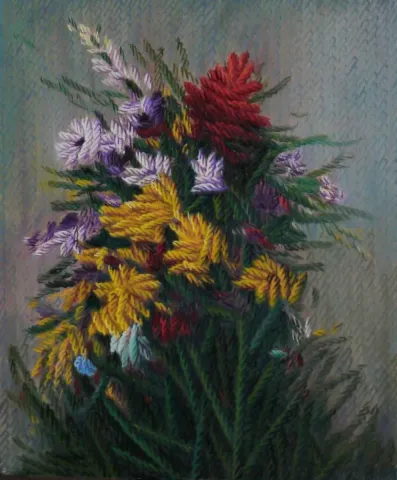 "Benim Çiçeklerim" eseri AHMET YEŞİL tarafından 2018 yılında 60x50 cm ölçülerinde Tuval üzeri yağlı boya tekniği ile yapılmıştır.