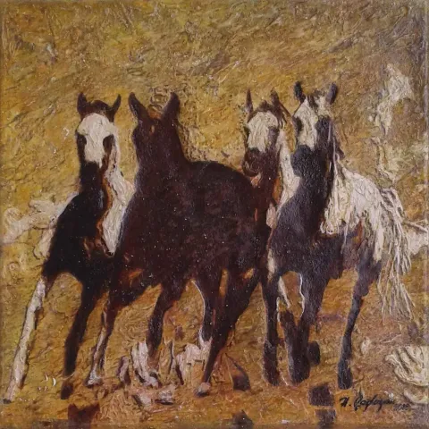 HASAN ÇAĞLAYAN — “Yılkı atları”, 2018 "Yılkı atları" eseri HASAN ÇAĞLAYAN tarafından 2018 yılında 25x25 cm ölçülerinde Tuval üzeri karışık teknik tekniği ile yapılmıştır.