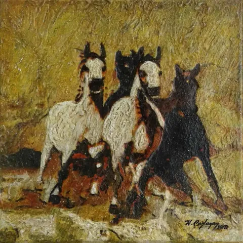 HASAN ÇAĞLAYAN — “Yılkı atları”, 2018 "Yılkı atları" eseri HASAN ÇAĞLAYAN tarafından 2018 yılında 25x25 cm ölçülerinde Tuval üzeri karışık teknik tekniği ile yapılmıştır.