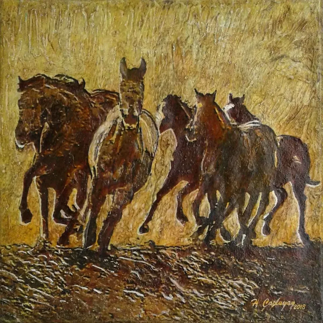 yakınlaştır "Yılkı atları" eseri HASAN ÇAĞLAYAN tarafından 2018 yılında 25x25 cm ölçülerinde Tuval üzeri karışık teknik tekniği ile yapılmıştır.