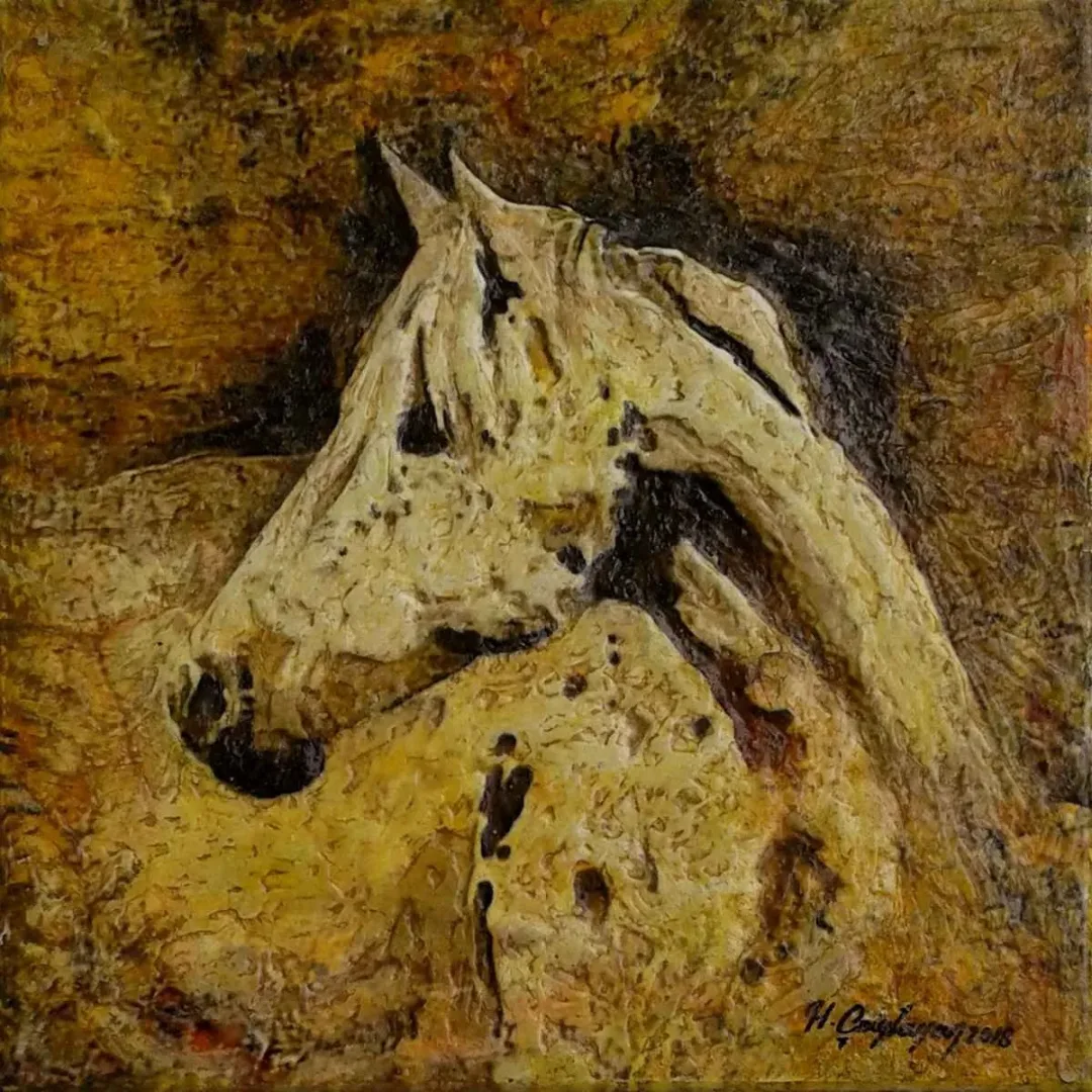 yakınlaştır "At Portresi" eseri HASAN ÇAĞLAYAN tarafından 2018 yılında 25x25 cm ölçülerinde Tuval üzeri karışık teknik tekniği ile yapılmıştır.