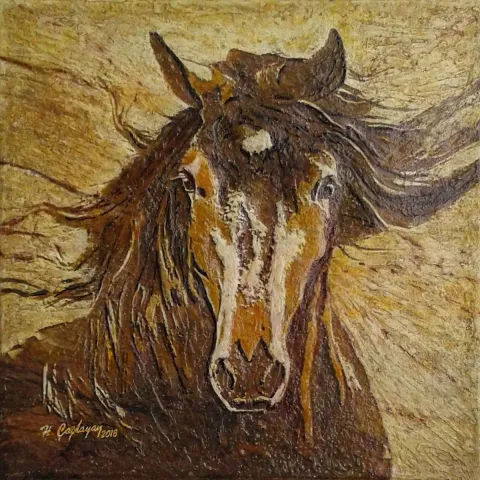 "At Portresi" eseri HASAN ÇAĞLAYAN tarafından 2018 yılında 25x25 cm ölçülerinde Tuval üzeri karışık teknik tekniği ile yapılmıştır.