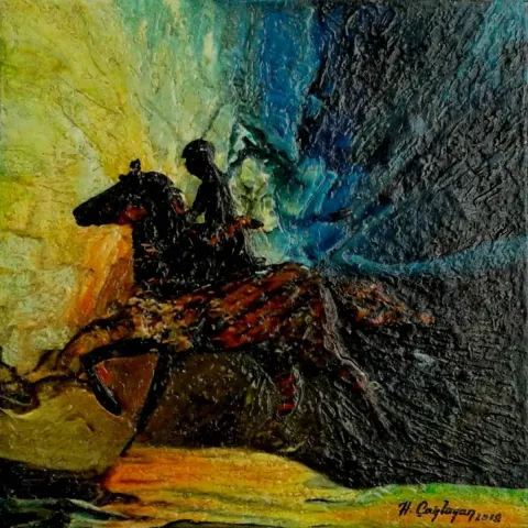 "At" eseri HASAN ÇAĞLAYAN tarafından 2018 yılında 25x25 cm ölçülerinde Tuval üzeri karışık teknik tekniği ile yapılmıştır.