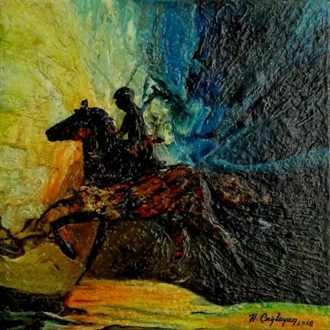 yakınlaştır "At" eseri HASAN ÇAĞLAYAN tarafından 2018 yılında 25x25 cm ölçülerinde Tuval üzeri karışık teknik tekniği ile yapılmıştır.