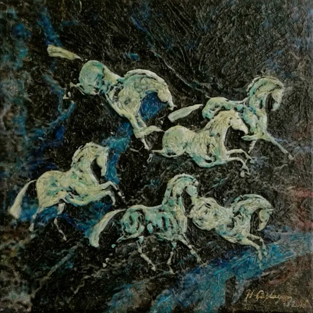 yakınlaştır "At" eseri HASAN ÇAĞLAYAN tarafından 2018 yılında 25x25 cm ölçülerinde Tuval üzeri karışık teknik tekniği ile yapılmıştır.