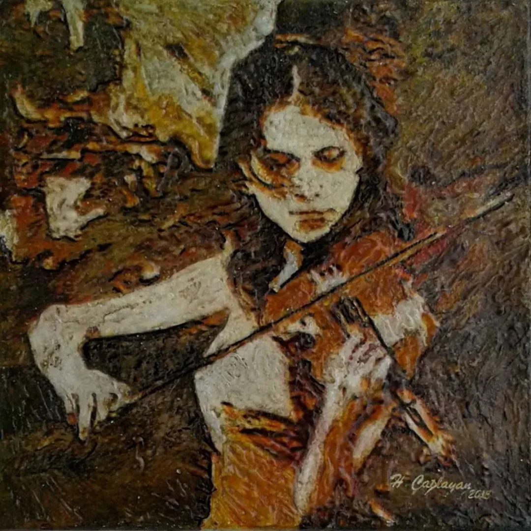 "Kadın" eseri HASAN ÇAĞLAYAN tarafından 2018 yılında 25x25 cm ölçülerinde Tuval üzeri karışık teknik tekniği ile yapılmıştır.