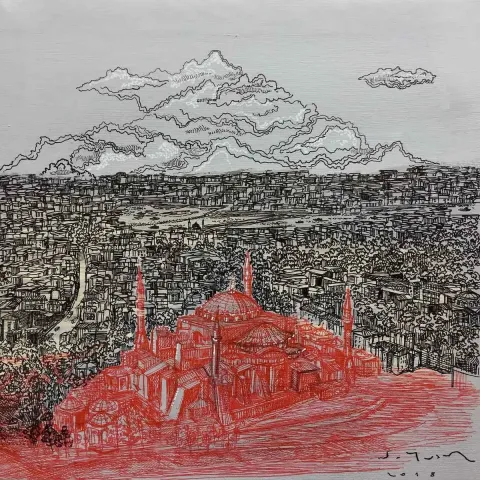 "ayasofya" eseri SÜMEYYE YUŞAN tarafından 2018 yılında 25x25 cm ölçülerinde Tuval üzeri akrilik boya tekniği ile yapılmıştır.