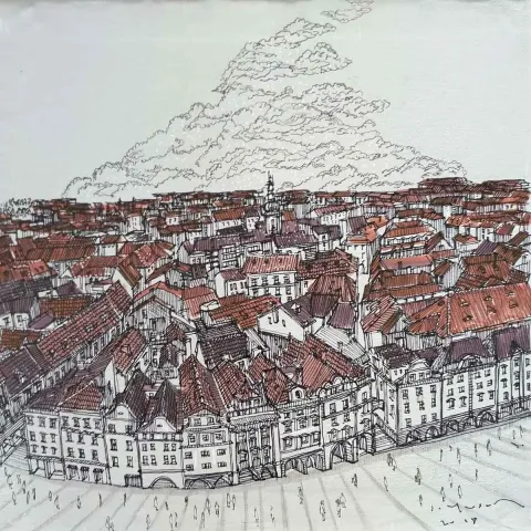 "Prague" eseri SÜMEYYE YUŞAN tarafından 2018 yılında 25x25 cm ölçülerinde Tuval üzeri akrilik boya tekniği ile yapılmıştır.