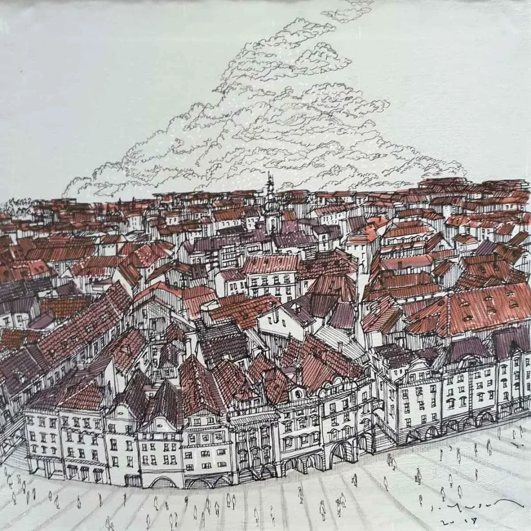 "Prague" eseri SÜMEYYE YUŞAN tarafından 2018 yılında 25x25 cm ölçülerinde Tuval üzeri akrilik boya tekniği ile yapılmıştır.