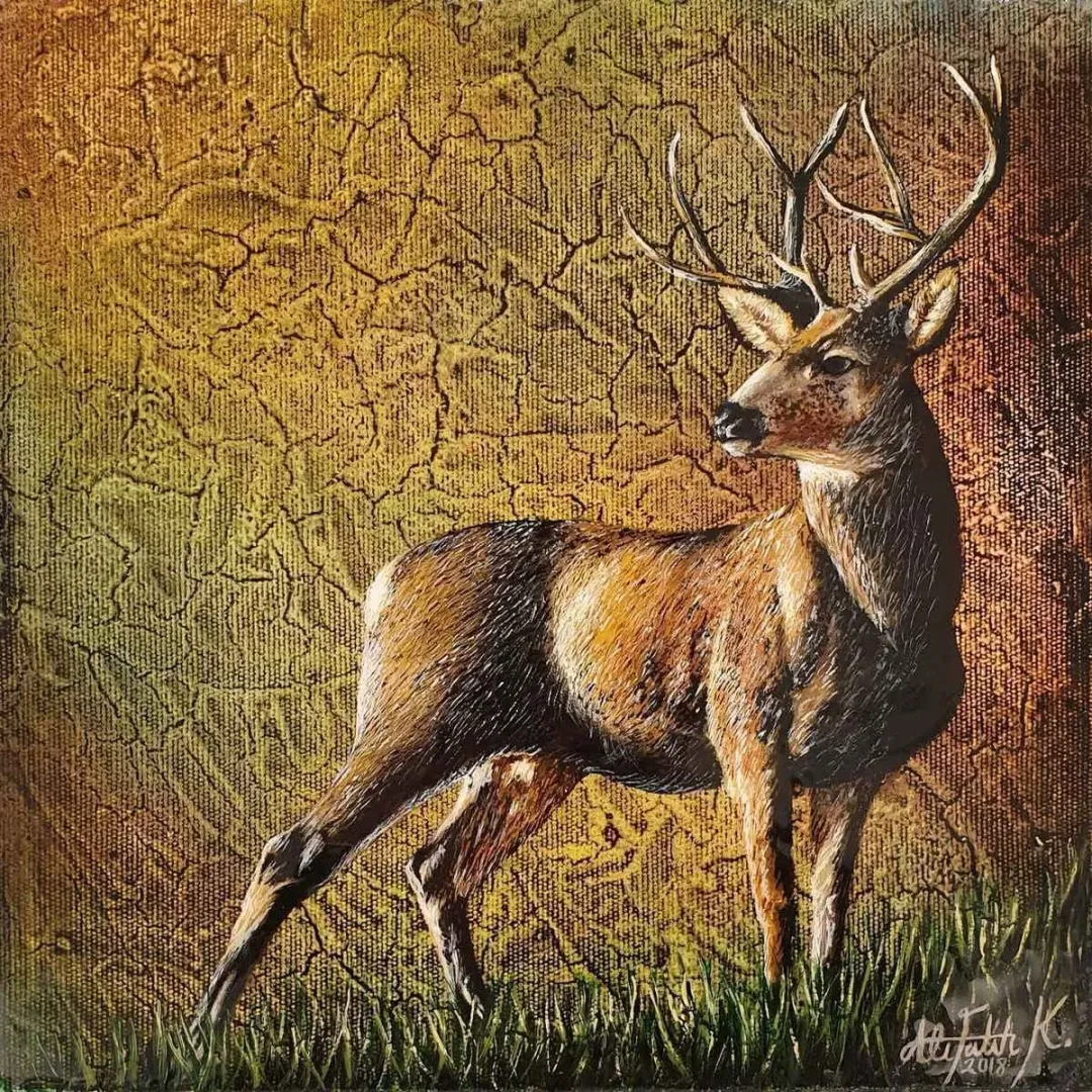 yakınlaştır "Geyik" eseri ALİ FATİH KÜÇÜKOSMANOĞLU tarafından 2018 yılında 25x25 cm ölçülerinde Tuval üzeri yağlı boya tekniği ile yapılmıştır.