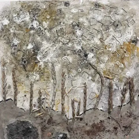BEHİYE ARAT — 2018 Bu eser BEHİYE ARAT tarafından 2018 yılında 25x25 cm ölçülerinde Tuval üzeri karışık teknik tekniği ile yapılmıştır.