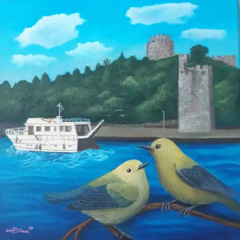 DİLARA KOZ — “Hisar”, 2019 "Hisar" eseri DİLARA KOZ tarafından 2019 yılında 25x25 cm ölçülerinde Tuval üzeri akrilik boya tekniği ile yapılmıştır.