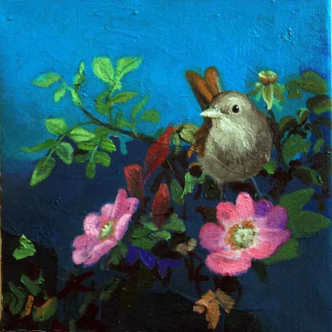 "Gül ile Bülbül" eseri F. DENİZ KORKMAZ tarafından 2018 yılında 25x25 cm ölçülerinde Tuval üzeri yağlı boya tekniği ile yapılmıştır.