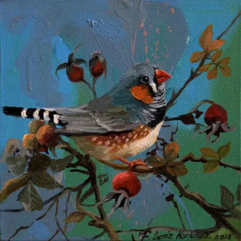 "Kuşburnu ve Hintbülbülü" eseri F. DENİZ KORKMAZ tarafından 2018 yılında 25x25 cm ölçülerinde Tuval üzeri yağlı boya tekniği ile yapılmıştır.