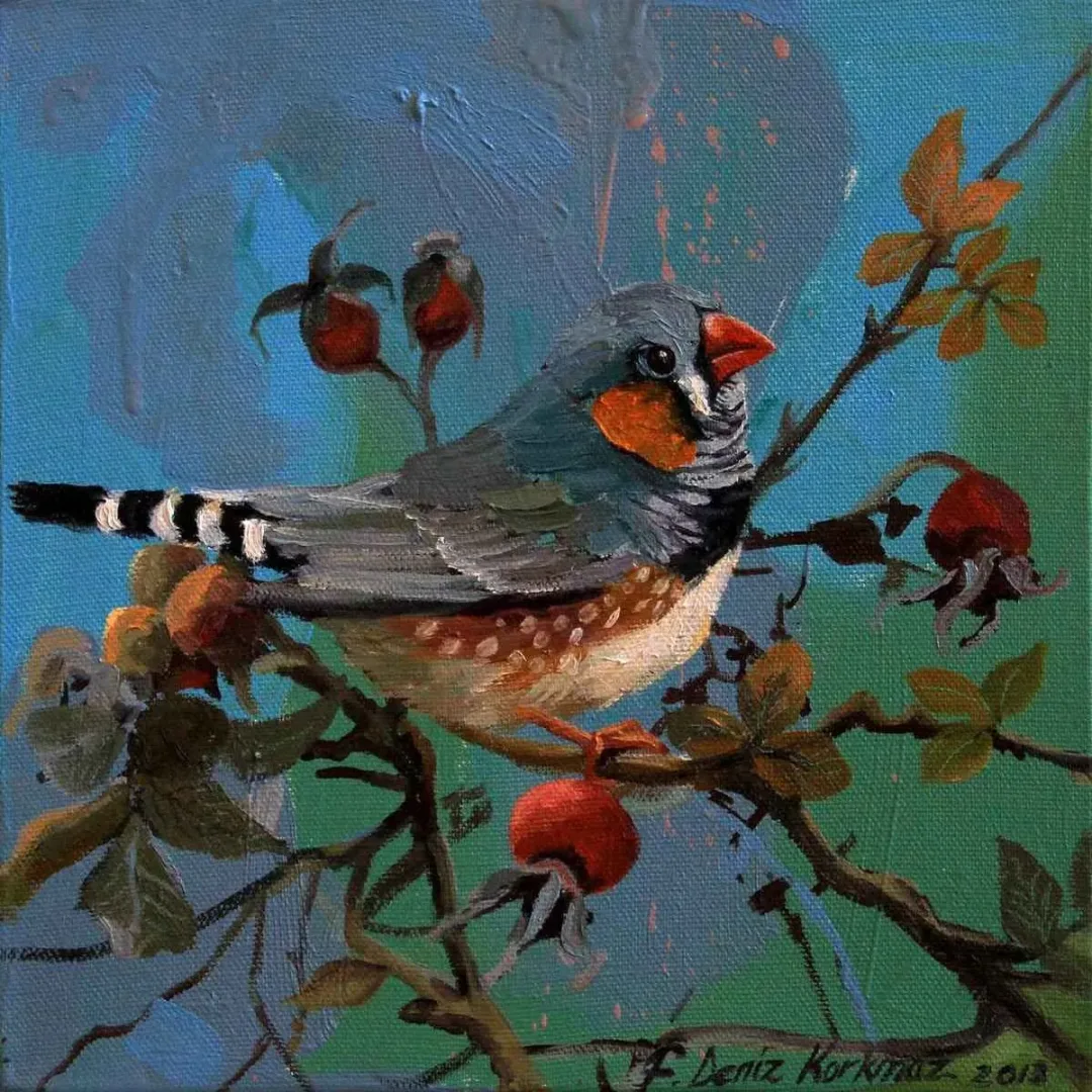 yakınlaştır "Kuşburnu ve Hintbülbülü" eseri F. DENİZ KORKMAZ tarafından 2018 yılında 25x25 cm ölçülerinde Tuval üzeri yağlı boya tekniği ile yapılmıştır.