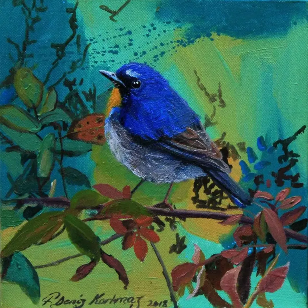 "Mavi Kuş" eseri F. DENİZ KORKMAZ tarafından 2018 yılında 25x25 cm ölçülerinde Tuval üzeri yağlı boya tekniği ile yapılmıştır.