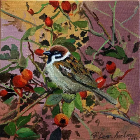F. DENİZ KORKMAZ — “Çalılıkta Serçe”, 2018 "Çalılıkta Serçe" eseri F. DENİZ KORKMAZ tarafından 2018 yılında 25x25 cm ölçülerinde Tuval üzeri yağlı boya tekniği ile yapılmıştır.