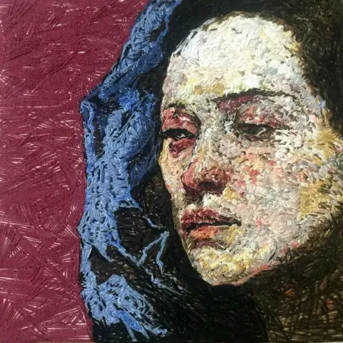 Bu eser KÜBRA ARSLAN tarafından 2018 yılında 25x25 cm ölçülerinde Tuval üzeri iplik dokuma tekniği ile yapılmıştır.