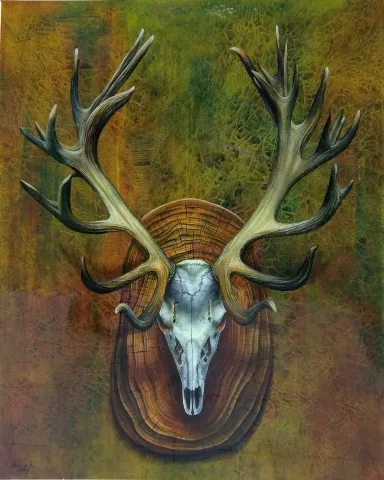 "Geyik Kafatası 2" eseri ALİ FATİH KÜÇÜKOSMANOĞLU tarafından 2019 yılında 150x120 cm ölçülerinde Tuval üzeri yağlı boya tekniği ile yapılmıştır.