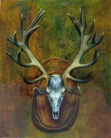 ALİ FATİH KÜÇÜKOSMANOĞLU — “Geyik Kafatası 2”, 2019 "Geyik Kafatası 2" eseri ALİ FATİH KÜÇÜKOSMANOĞLU tarafından 2019 yılında 150x120 cm ölçülerinde Tuval üzeri yağlı boya tekniği ile yapılmıştır.