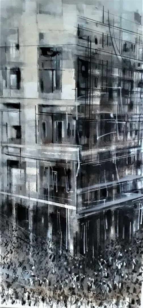 yakınlaştır "Apartman-Iı" eseri AYHAN ÇETİN tarafından 2019 yılında 140x70 cm ölçülerinde Tuval üzeri akrilik boya tekniği ile yapılmıştır.