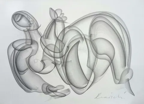 "Figür" eseri ALİ HERİSCHİ tarafından 2019 yılında 56x76 cm ölçülerinde Tuval Üzeri Kağıt Grafit Füzen tekniği ile yapılmıştır.