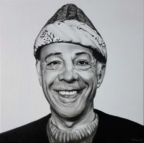 "Yeşilçam Serisi- Münir Özkul" eseri HASAN BASRİ İNAN tarafından 2019 yılında 40x40 cm ölçülerinde Tuval üzeri yağlı boya tekniği ile yapılmıştır.