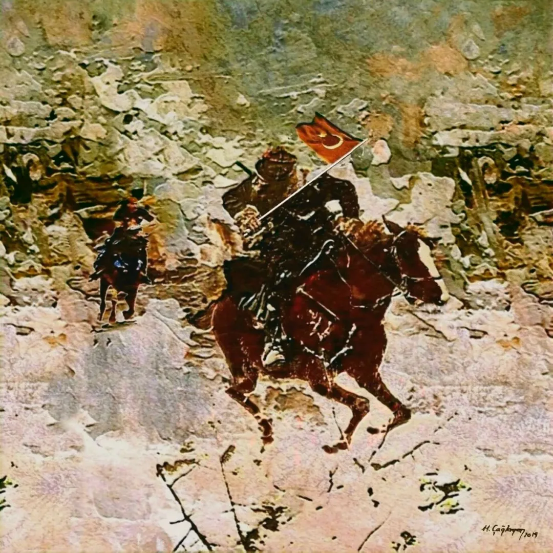 yakınlaştır "Kuvay-I Milliye-6" eseri HASAN ÇAĞLAYAN tarafından 2019 yılında 60x60 cm ölçülerinde Tuval üzeri karışık teknik tekniği ile yapılmıştır.