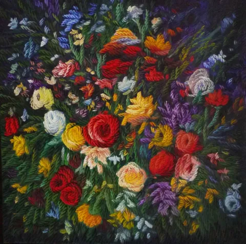 "Benim Çiçeklerim" eseri AHMET YEŞİL tarafından 2019 yılında 60x60 cm ölçülerinde Tuval üzeri yağlı boya tekniği ile yapılmıştır.