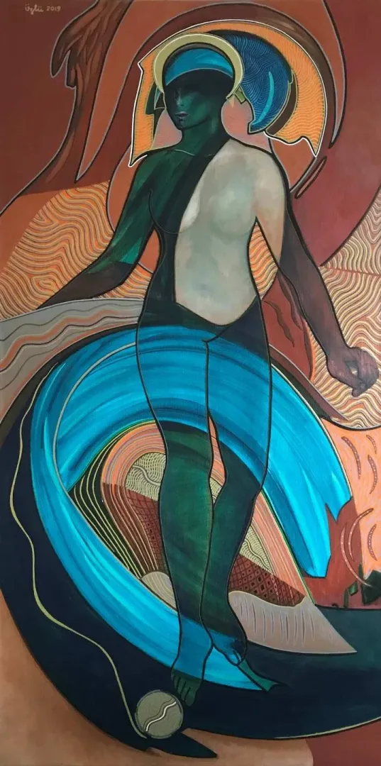 NECMETTİN ÖZLÜ — “Türkuaz Sarmal” "Türkuaz Sarmal" eseri NECMETTİN ÖZLÜ tarafından 140x70 cm ölçülerinde Tuval üzeri akrilik boya tekniği ile yapılmıştır.
