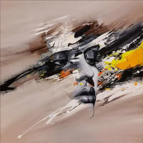 "Portre" eseri MEHMET SAKIZCI tarafından 2019 yılında 60x60 cm ölçülerinde Tuval üzeri akrilik boya tekniği ile yapılmıştır.