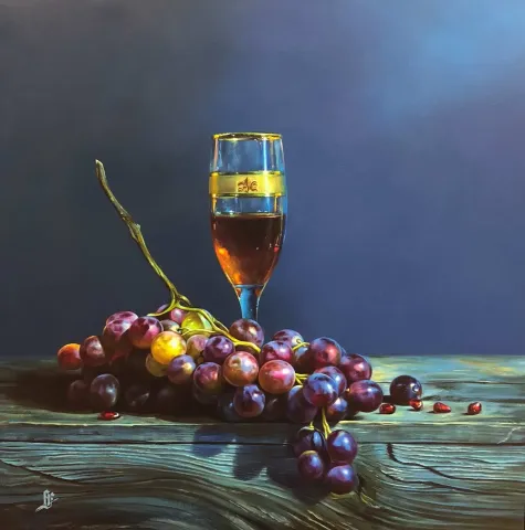 "Üzümler" eseri HÜSEYİN FEYZULLAH tarafından 2019 yılında 70x70 cm ölçülerinde Tuval üzeri yağlı boya tekniği ile yapılmıştır.