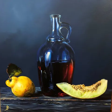 "Kavun" eseri HÜSEYİN FEYZULLAH tarafından 2019 yılında 70x70 cm ölçülerinde Tuval üzeri yağlı boya tekniği ile yapılmıştır.