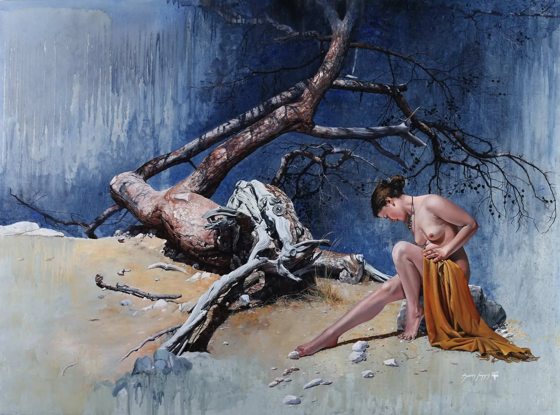 "Hayatın Kökü" eseri HASAN SAYGIN tarafından 2019 yılında 97x130 cm ölçülerinde Tuval üzeri yağlı boya tekniği ile yapılmıştır.