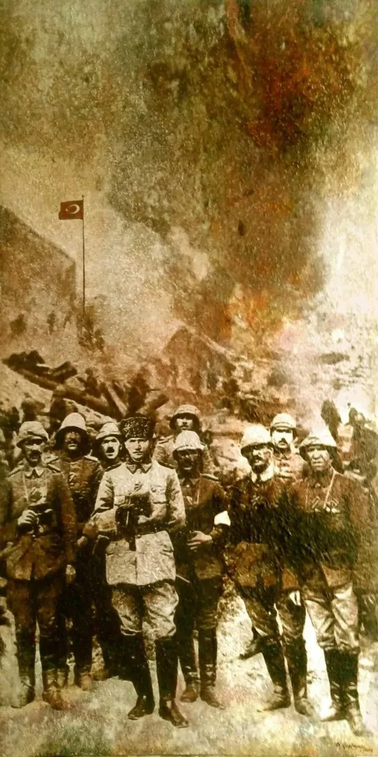 yakınlaştır "Kuvay-ı Milliye-4" eseri HASAN ÇAĞLAYAN tarafından 2019 yılında 140x70 cm ölçülerinde Tuval üzeri karışık teknik tekniği ile yapılmıştır.