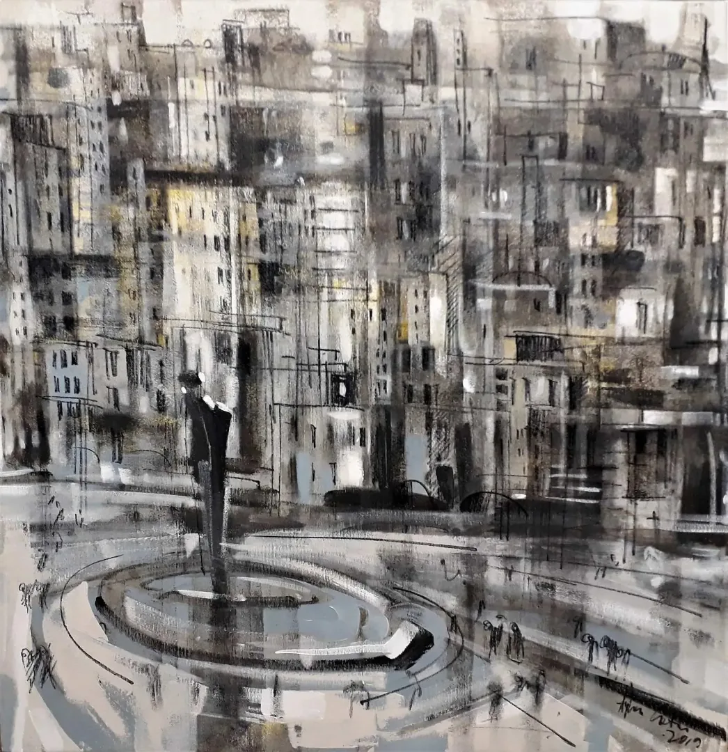 "Meydan" eseri AYHAN ÇETİN tarafından 2019 yılında 60x60 cm ölçülerinde Tuval üzeri akrilik boya tekniği ile yapılmıştır.