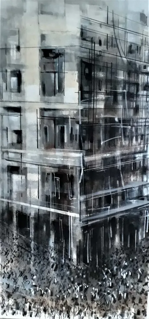 AYHAN ÇETİN — “Apartman-II”, 2019 "Apartman-II" eseri AYHAN ÇETİN tarafından 2019 yılında 140x70 cm ölçülerinde Tuval üzeri akrilik boya tekniği ile yapılmıştır.