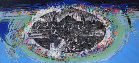 "İsimsiz" eseri ENGİN KORKMAZ tarafından 2019 yılında 80x180 cm ölçülerinde Tuval üzeri akrilik boya tekniği ile yapılmıştır.